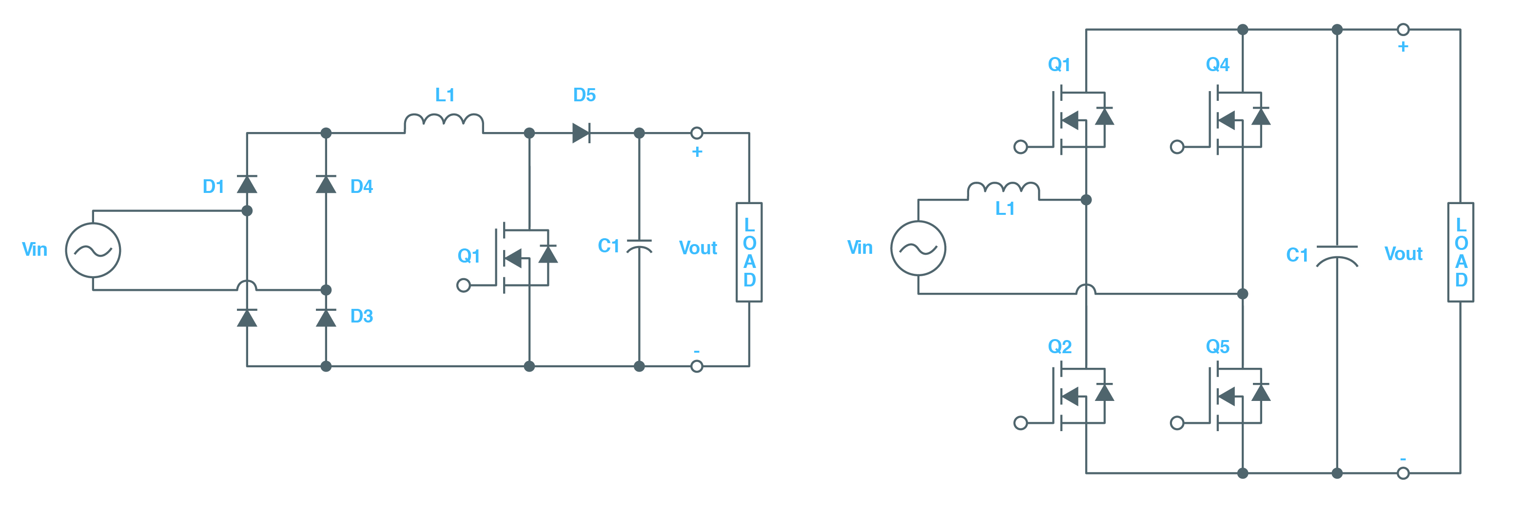 Boost PFC (left), Bridgeless totempole PFC (right).